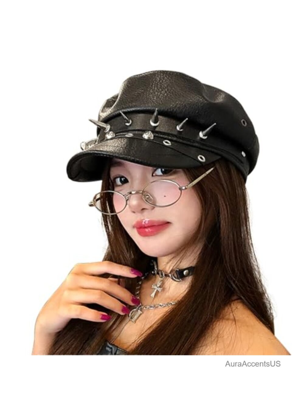 PU Leather Studded Newsboy Cap Sun Visor Beret Sailor Hat Punk Rocker